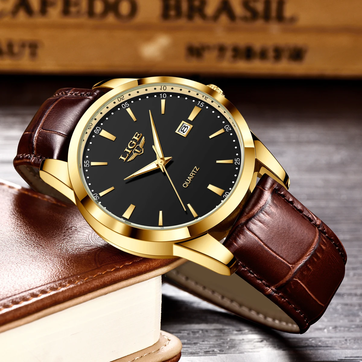 LIGE, nuevo Reloj de lujo para hombre, Reloj de pulsera militar de cuero para hombre, Reloj de cuarzo, Reloj luminoso resistente al agua con fecha y semana, relojes para hombre, Reloj + caja