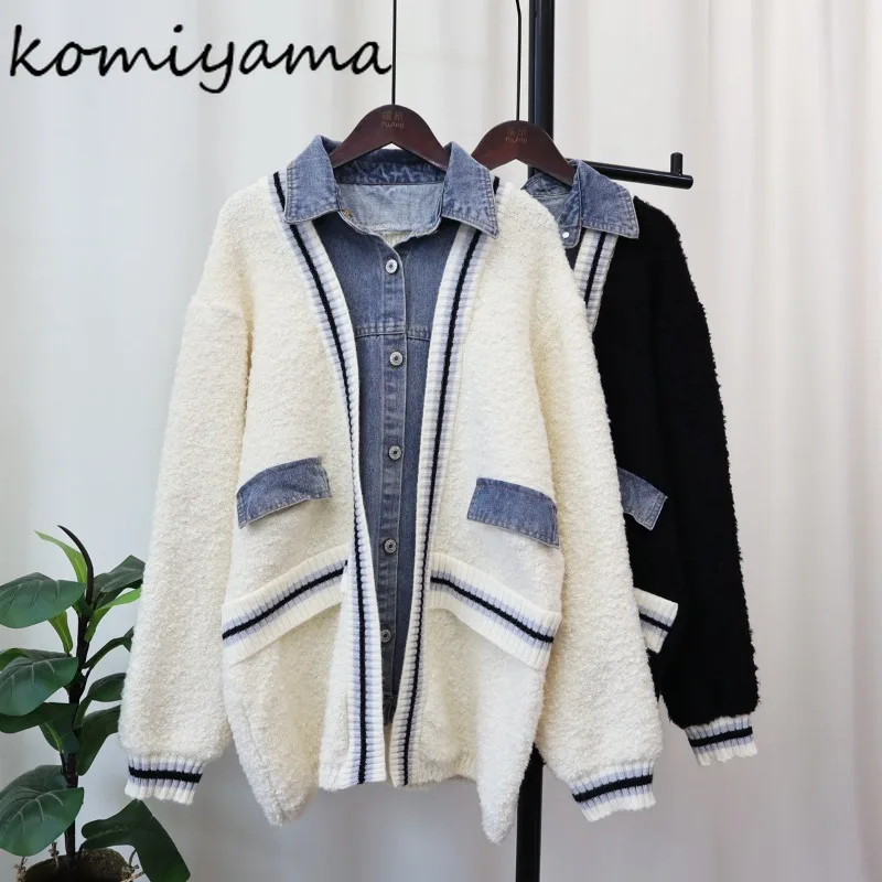 Komiyama Patchwork Denim Cardigans Femme Fake Two Piece Sweater Spring Winter Womens Clothing Loose Lapel Knitwears Tops