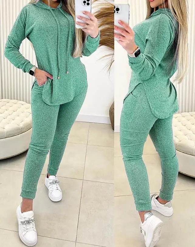 2 Piece Set Women Outfit 2023 Spring Fashion Hem Slit Long Sleeve Hooded Sweatshirt & Casual Pocket Design High Waist Pants Set