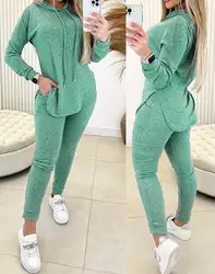 Conjunto de 2 piezas para mujer, Sudadera con capucha de manga larga con abertura en el dobladillo, pantalones de cintura alta con diseño de bolsillo informal, moda de primavera, 2023