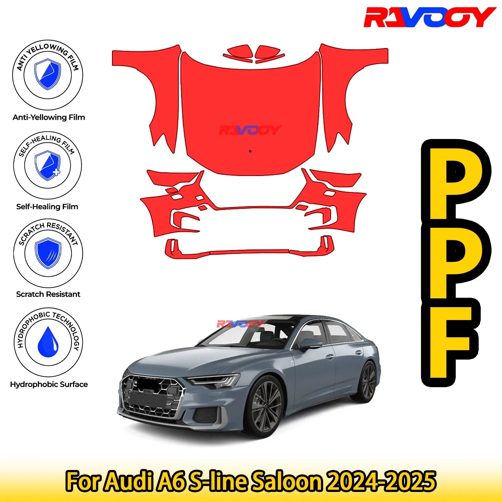 

For Audi A6 S-line Saloon 2024-2025 Glossy Matte Black Precut front PPF Kit Paint Protection Film