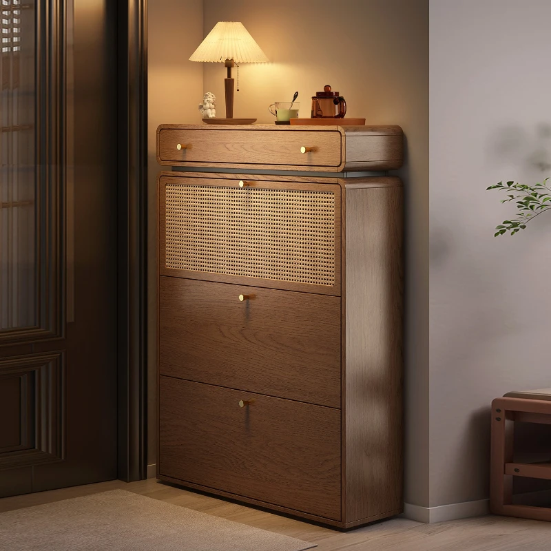 

Ultra-thin tipping bucket shoe cabinet Solid wood household door entry narrow storage cabinet integrated against the wall rattan