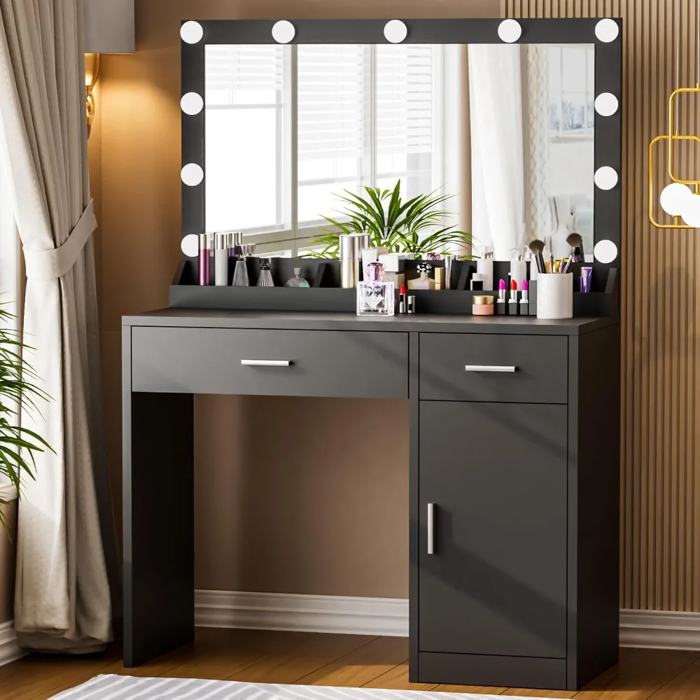 

Dressing table, with charging station and lights, small dresser with illuminated mirror, dresser with 2 drawers