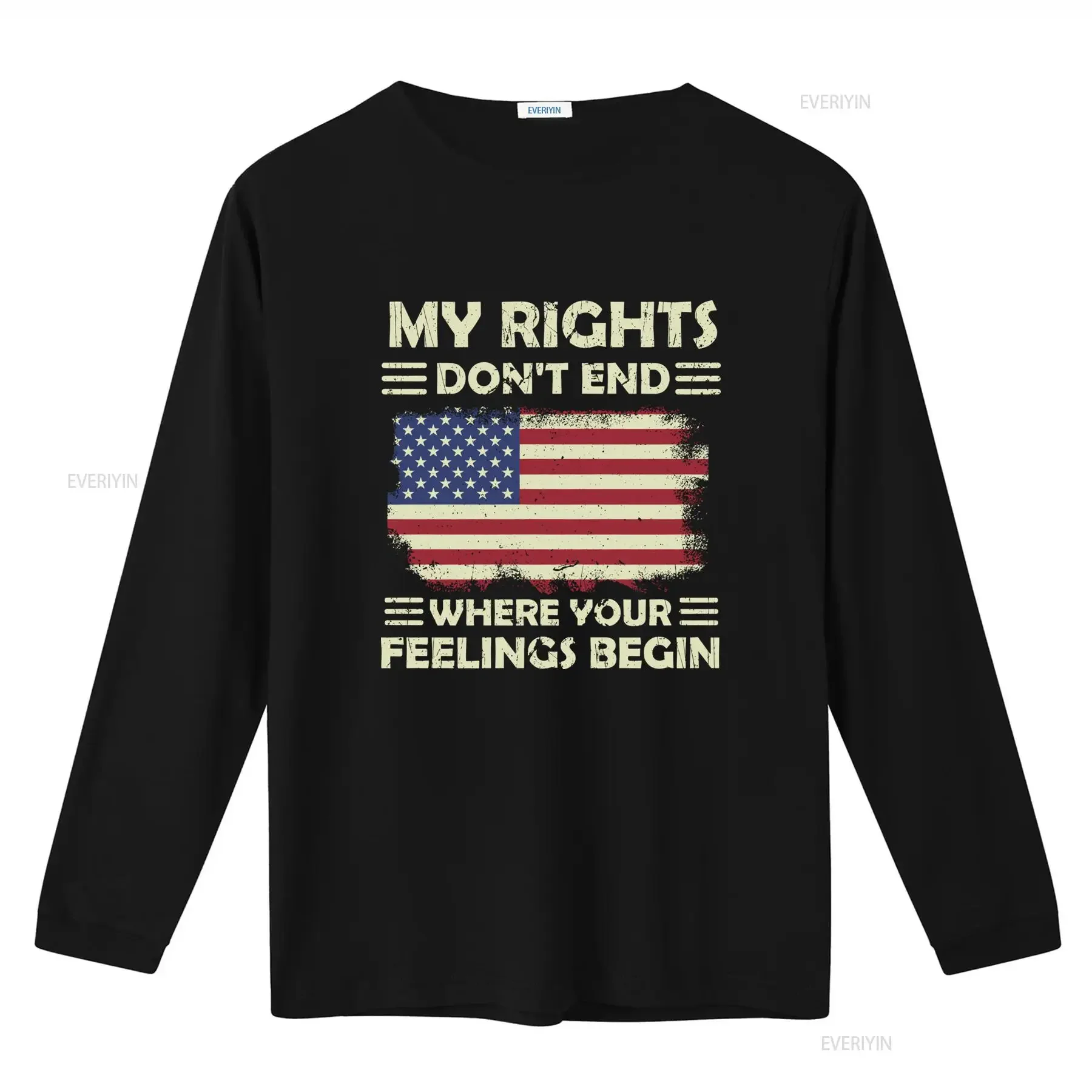 Men's Patriotic Black T Shirt My Rights Don't End Where Your Feelings Begin with American Flag Print vintage Washed Soft