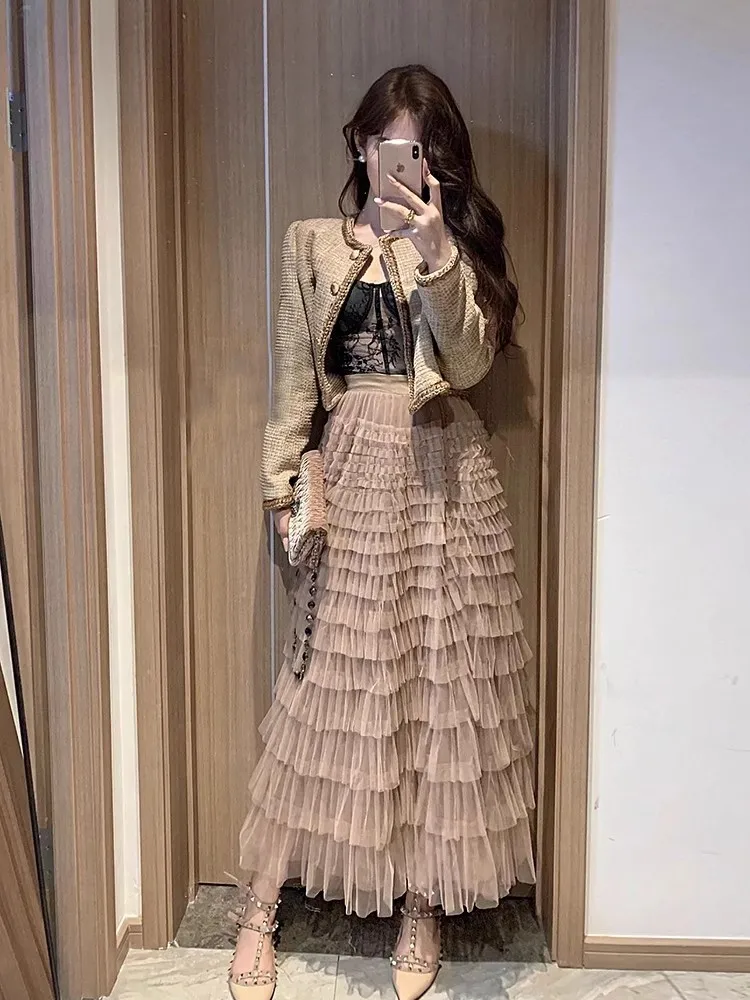 New Autumn Office Ladies Elegant Fashion Two Piece Set Tweed Short Jacket High Waist Lace Long Skirt Women Matching Set Outfit