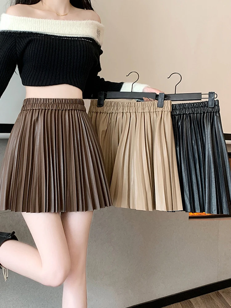 Jmprs Vintage Pu Y2K Pleated Skirts Women High Waist Sexy Mini Skirts Korean Fall Winter Female All Match Streetwear Skirts New