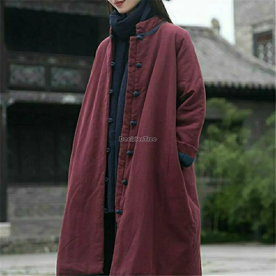 2023 winter new vintage stand collar chinese style pan buckle long thicked jacket cotton linen loose cotton-padded coat s936