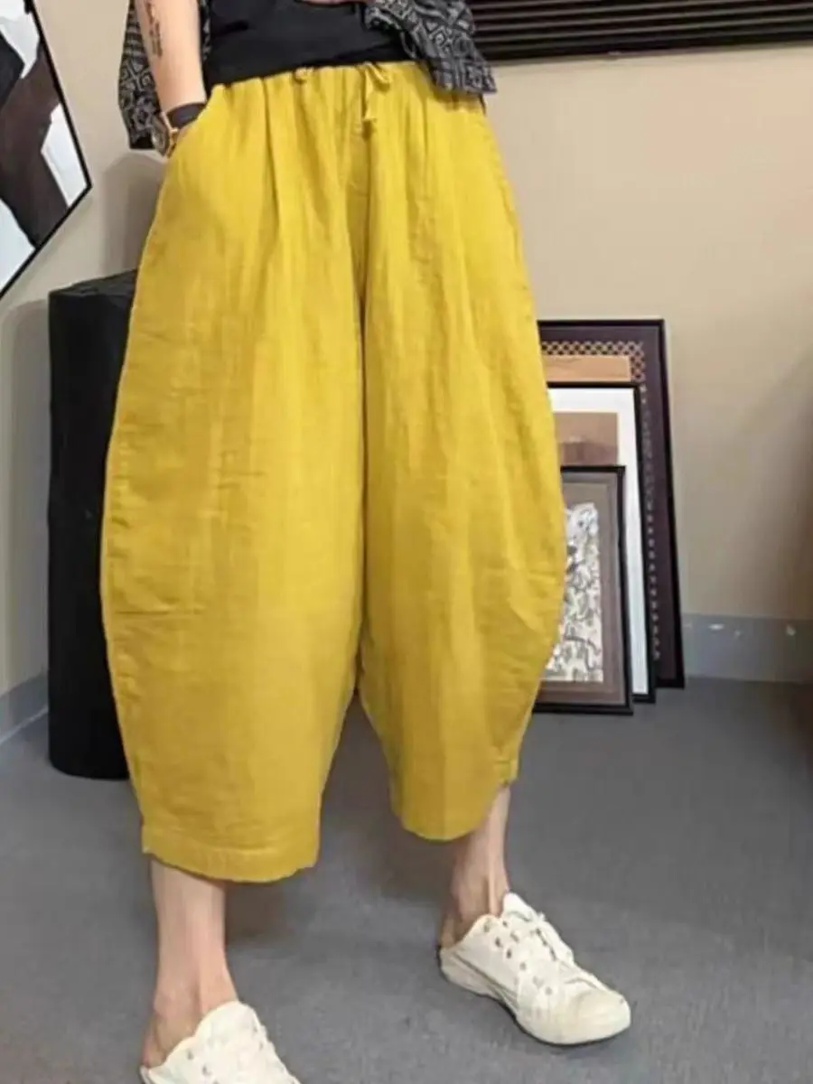 

Summer Fashion Double Layered Pure Color Casual Loose Women's Harem Pants Elastic Waist Large Size Slimming Cabbage Pants