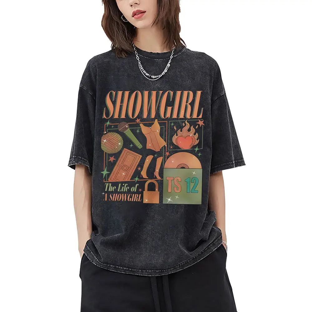 

The Life of A Showgirl Washed Vintage T Shirt Men Women Hip Hop Fashion Pop Music T-shirt Unisex 100% Cotton Oversized T Shirts