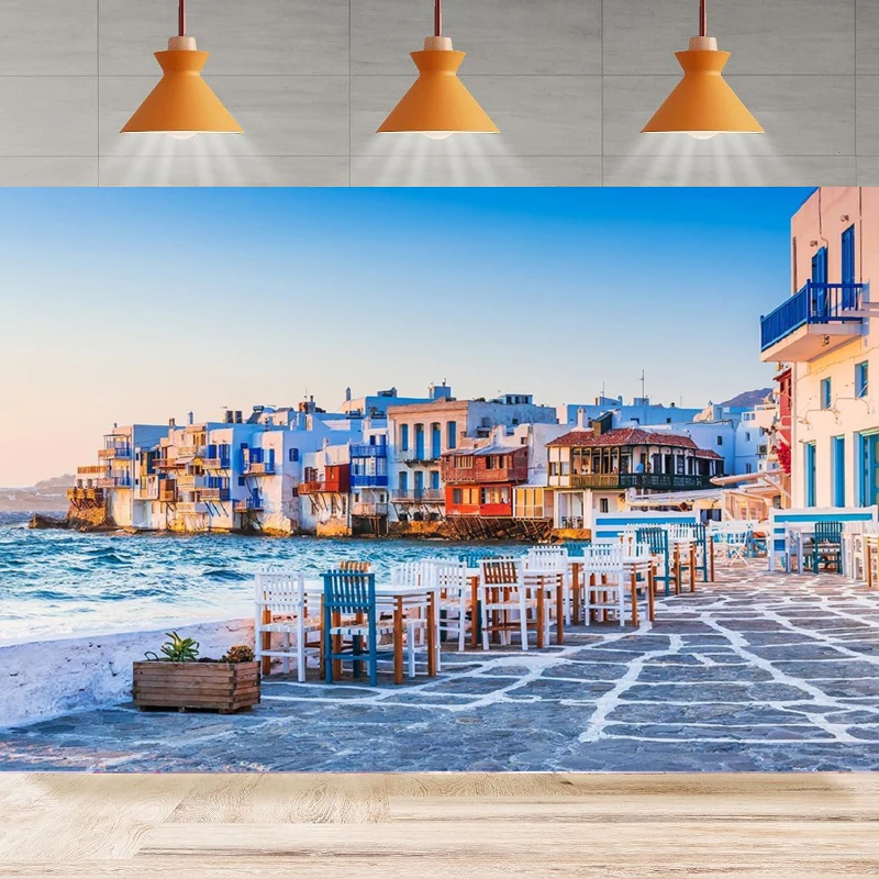 Fondo Fotográfico de Grecia, Ciudad de Mykonos, Cafetería, Pueblo Costero, Atardecer, Fondo para Fiesta de Cumpleaños Mamma Mia