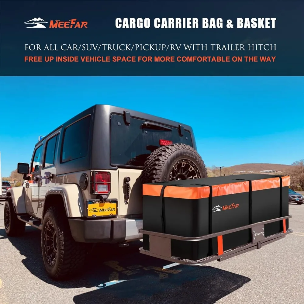 Imagem -02 - Meefar-folding Hitch Mount Cargo Carrier Basket 60 x 20 x Bolsa de Carga Impermeável 16 Pés Cúbicos 58 19 24 Peso ca