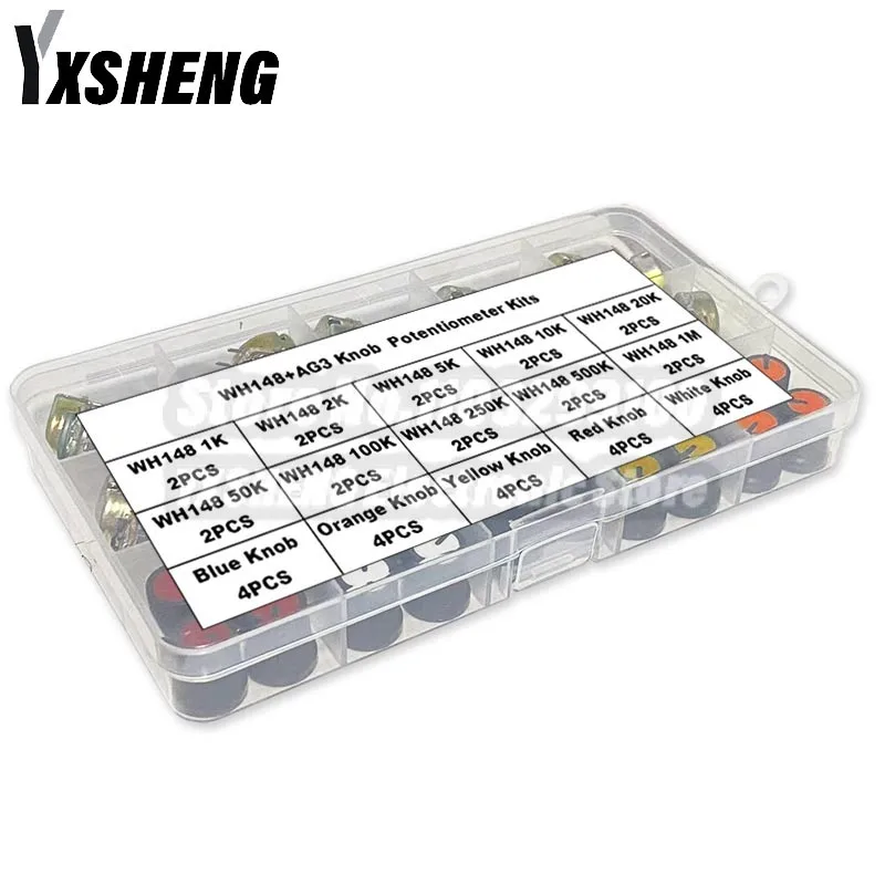 20Sets WH148 15MM Single Potentiometer KIT With Box B1K B2K B5K B10K B20K B50K B100K B250K B500K B1M,With DSSUPPLY AG3 Knobs Set