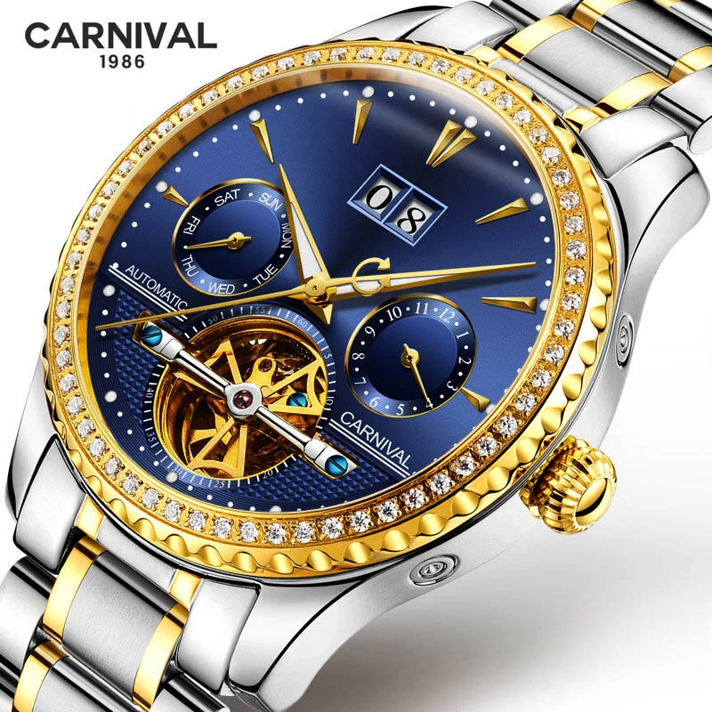 

Carnival Top Brand Luxury Tourbillon Mechanical Watch for Mens Stainless Steel Waterproof Luminous Fashion Automatic Watches Men