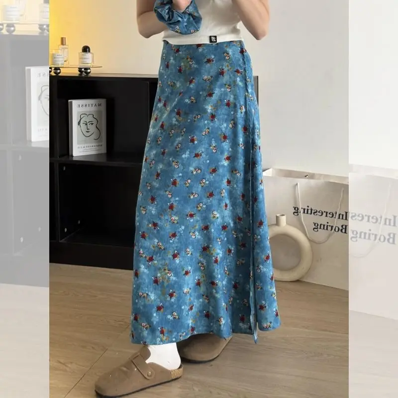 One piece blue floral A word  women's summer ootd wear skirt unique beautiful super good-looking skirt