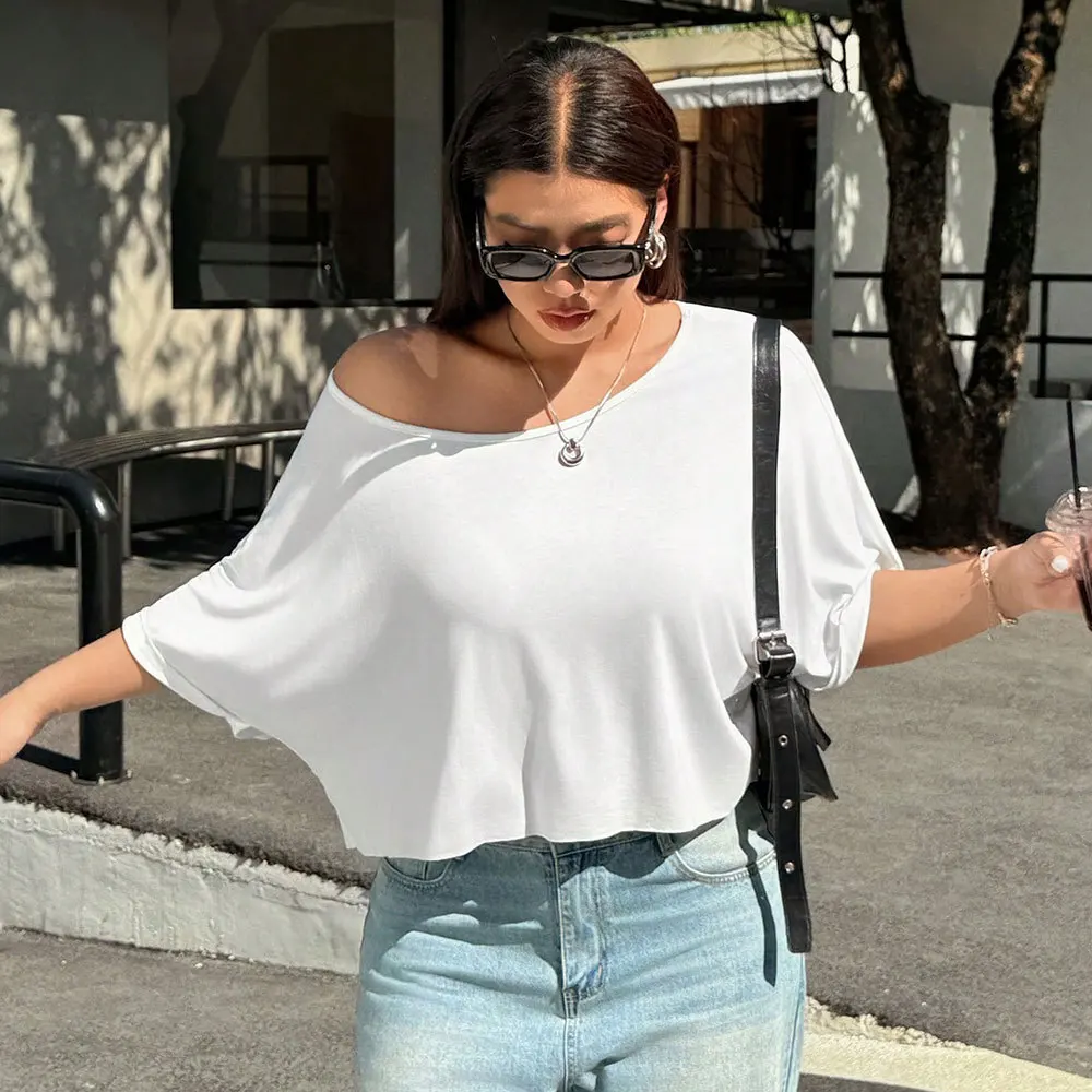 

2025 Summer New Plus Size Women's Simple Casual Style T-shirt Round Neck Off Shoulder Half Sleeve Slimming Top Blouses Woman Y2k