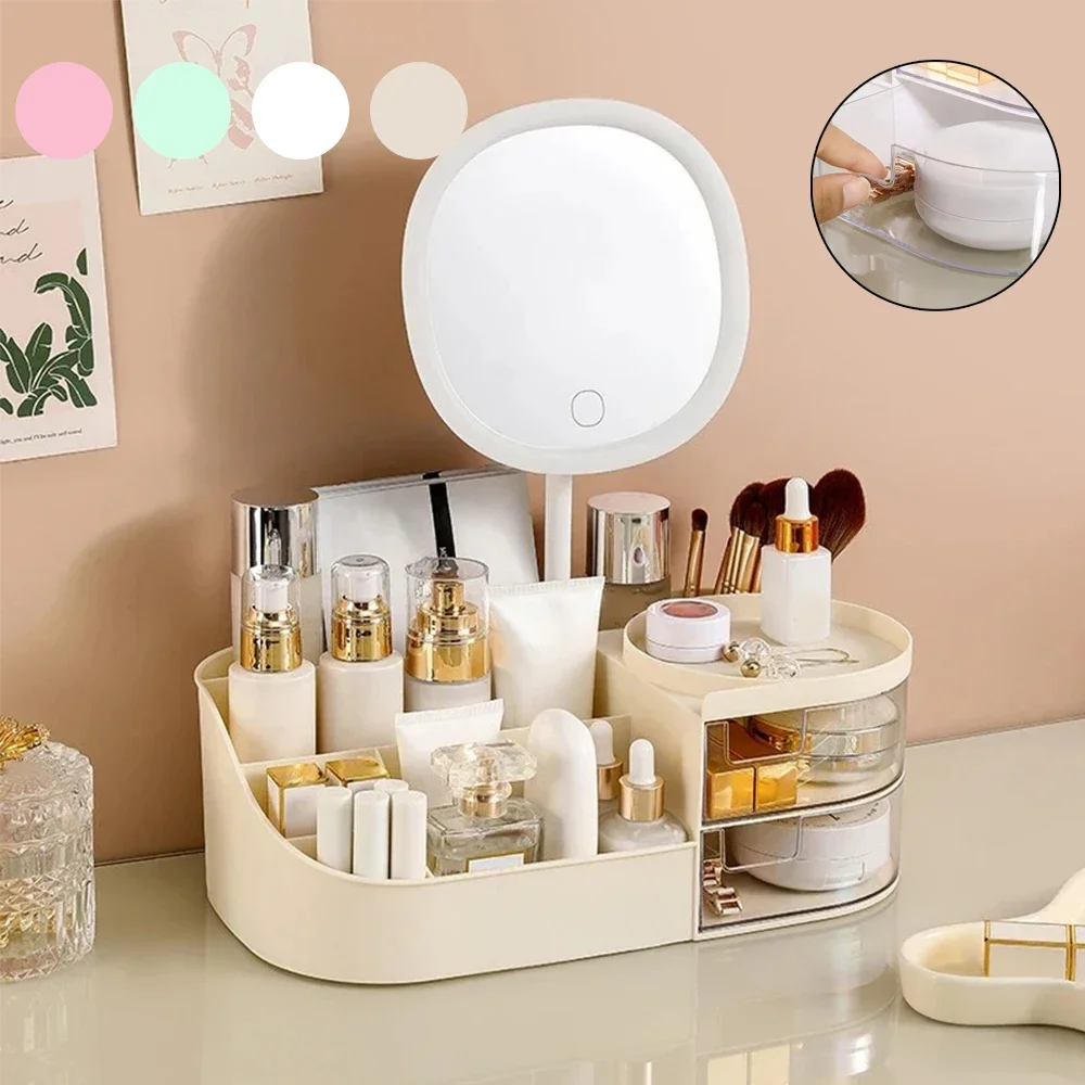 

Cosmetics Storage Box with Mirror Dressing Table Makeup Mirror Jewelry Storage Makeup Brush Storage Organizer Lipstick Organizer