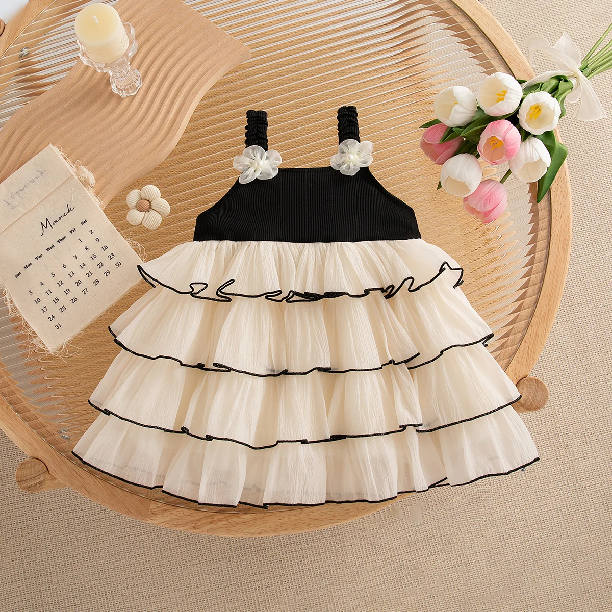 Summer Birthday Party or Wedding Baby Girl Fairy Dress Korean Style Trend Black and White Splice Flowers Toddler Suspender Dress