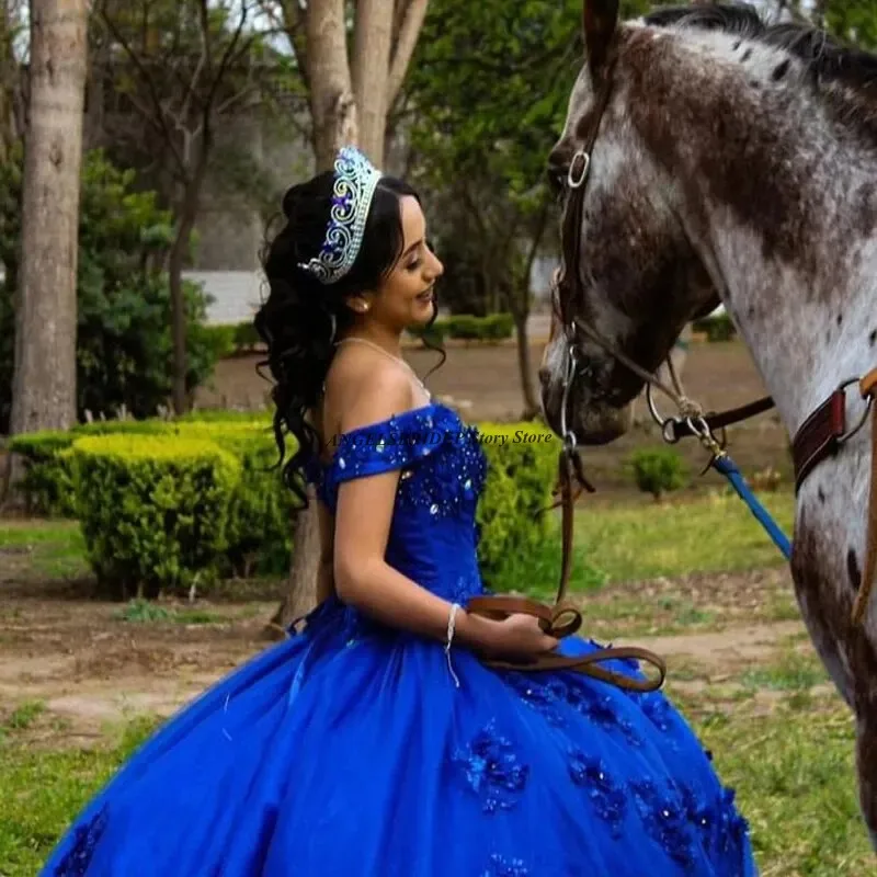 ANGELSBRIDEP-Vestidos de princesa azul real para quinceañera, apliques de flores 3D de cristal con cuentas, fiesta de cumpleaños, 15 años, nuevo