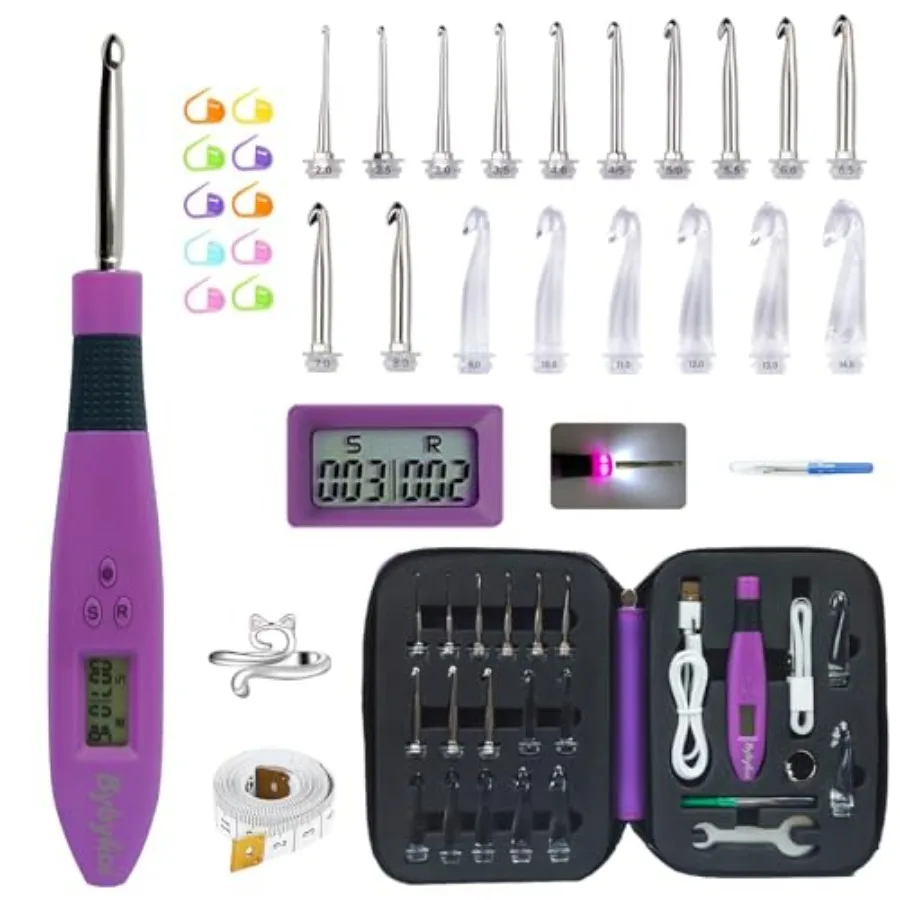 

Набор из 18 вязальных крючков с подсветкой и счетчиком - 2.0мм~14.0мм, перезаряжаемые, со сменными насадками