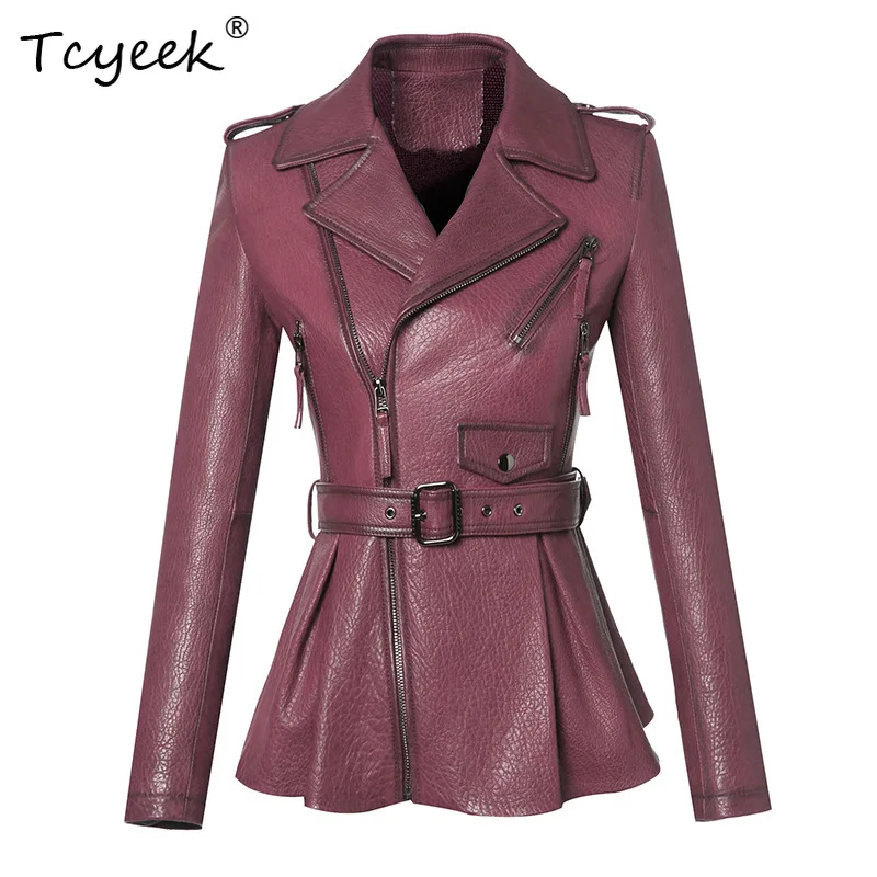 Tcyeek Real Leather Jacket Women Motorcycle Spring Autumn Womens Coats Natural Sheepskin Coat Slim Fit Belt Jaqueta De Couro