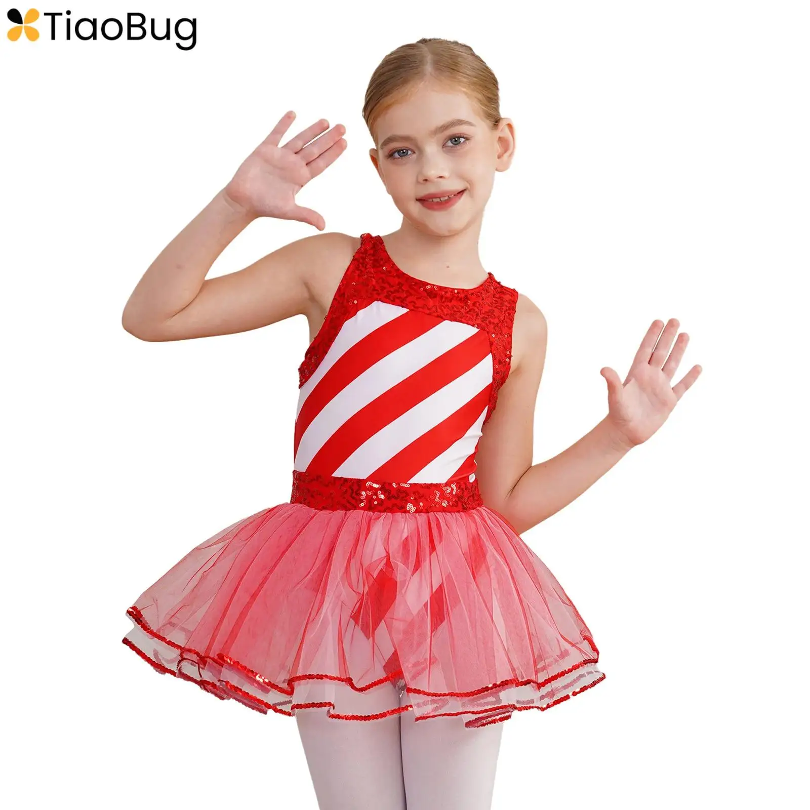 

Kids Girls Ballet Dance Tutu Dress Sequin Striped Sleeveless Tulle Skirt Jumpsuit for Christmas Party Cosplay Stage Performance