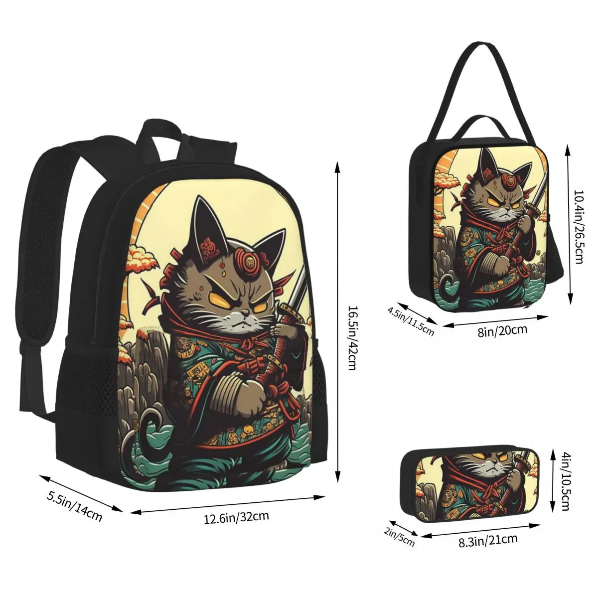 Cats Anime Samurai Sword Backpacks Boys Girls Bookbag Children School Bags Kids Rucksack Lunch Bag Pen Bag Three-Piece Set