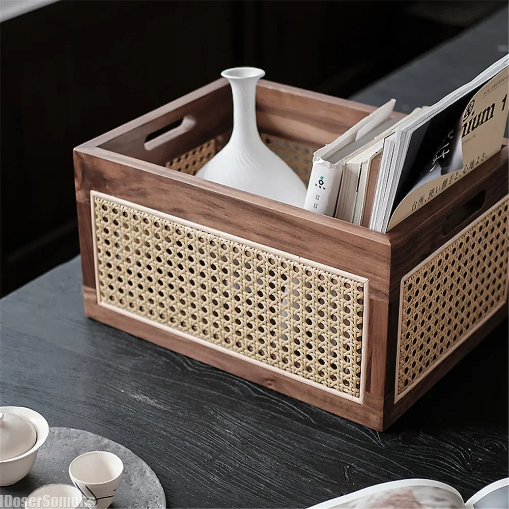 Woven Deluxe Desktop Solid Wood Storage Box Vintage Walnut Rattan Basket Books Snacks Cosmetic Flatware Organizer