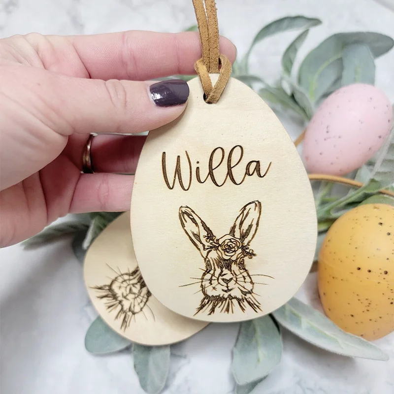 Personalized custom rabbit Bunny happy Easter party Egg Hunt basket Bucket bag Name Tag Ornament family kid boy girl gift sign