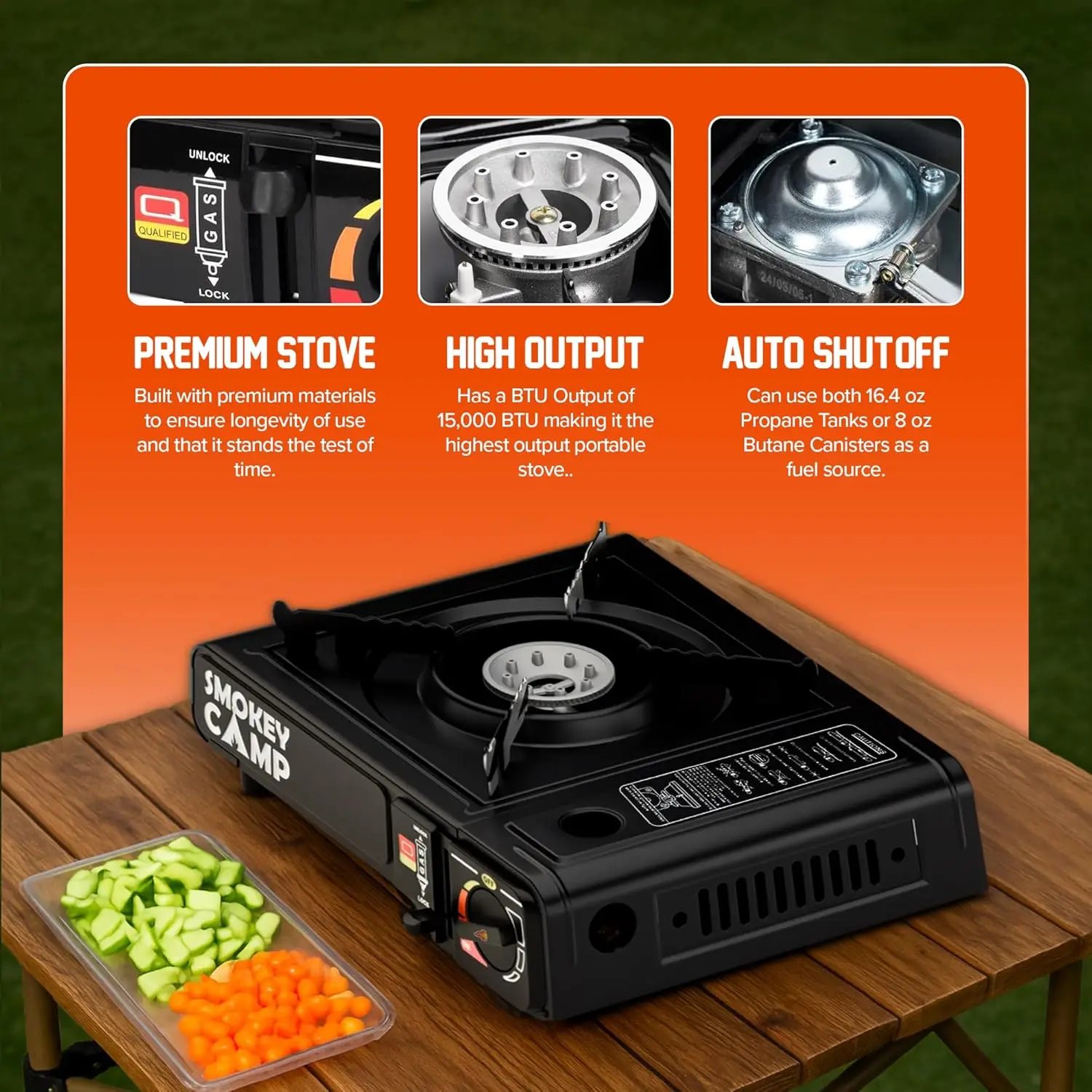 Portable 3000W Dual Fuel Camping Stove, Butane/Propane, Auto Ignition, Precise Control, Compact Design