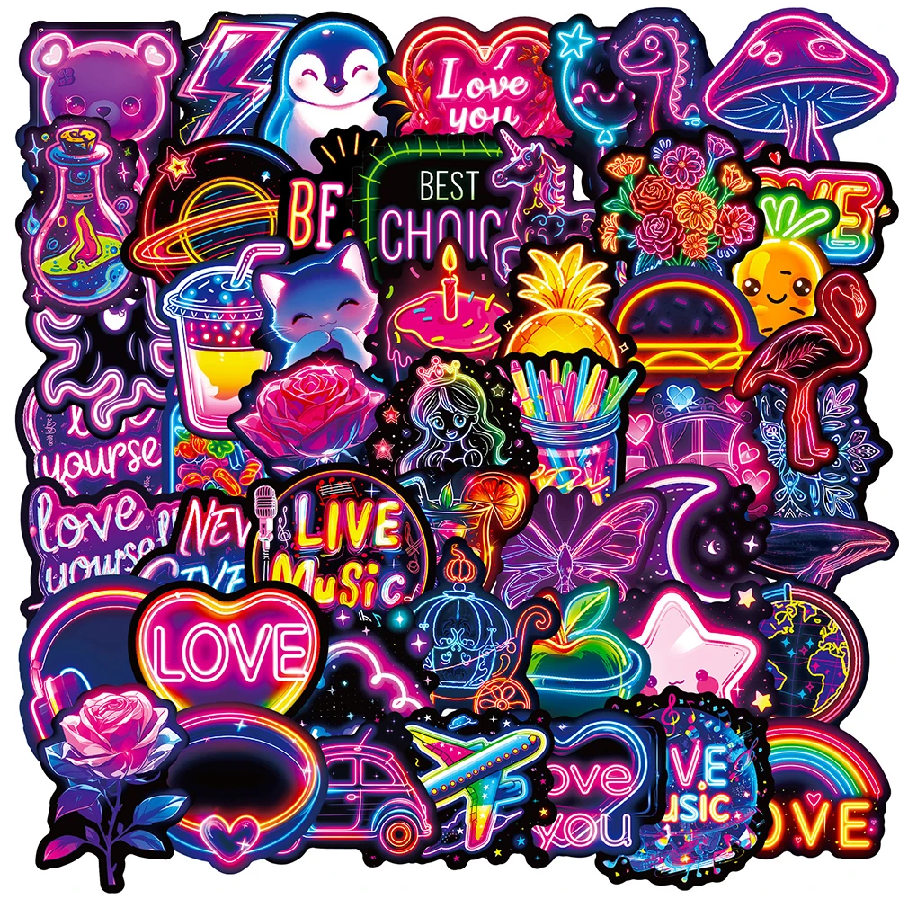 10/30/60pcs Cool Neon Light Cartoon Graffiti Stickers Phone Guitar Laptop Notebook Suitcase Cup Waterproof Sticker Decals Kids T