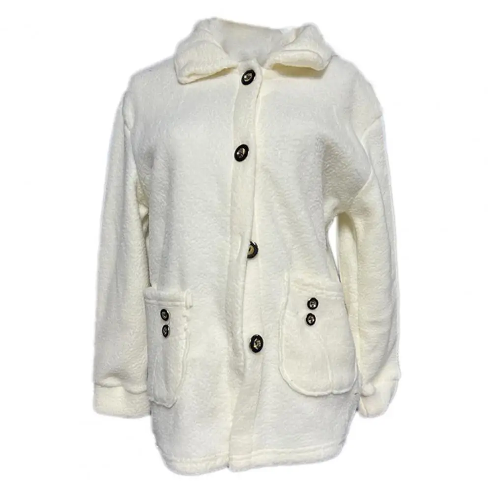 Winter Women Fleece Coat with Side Pockets Turn-down Collar Coldproof Outwear Jacket for Long Sleeves Warm Jacket