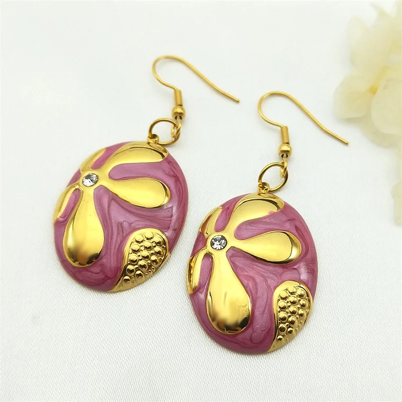 

Medieval Rhinestone Enamel Flower Oval Drop Earrings for Women Stainless Steel Gold Color Elegant Hoop Earrings Jewelry Gift