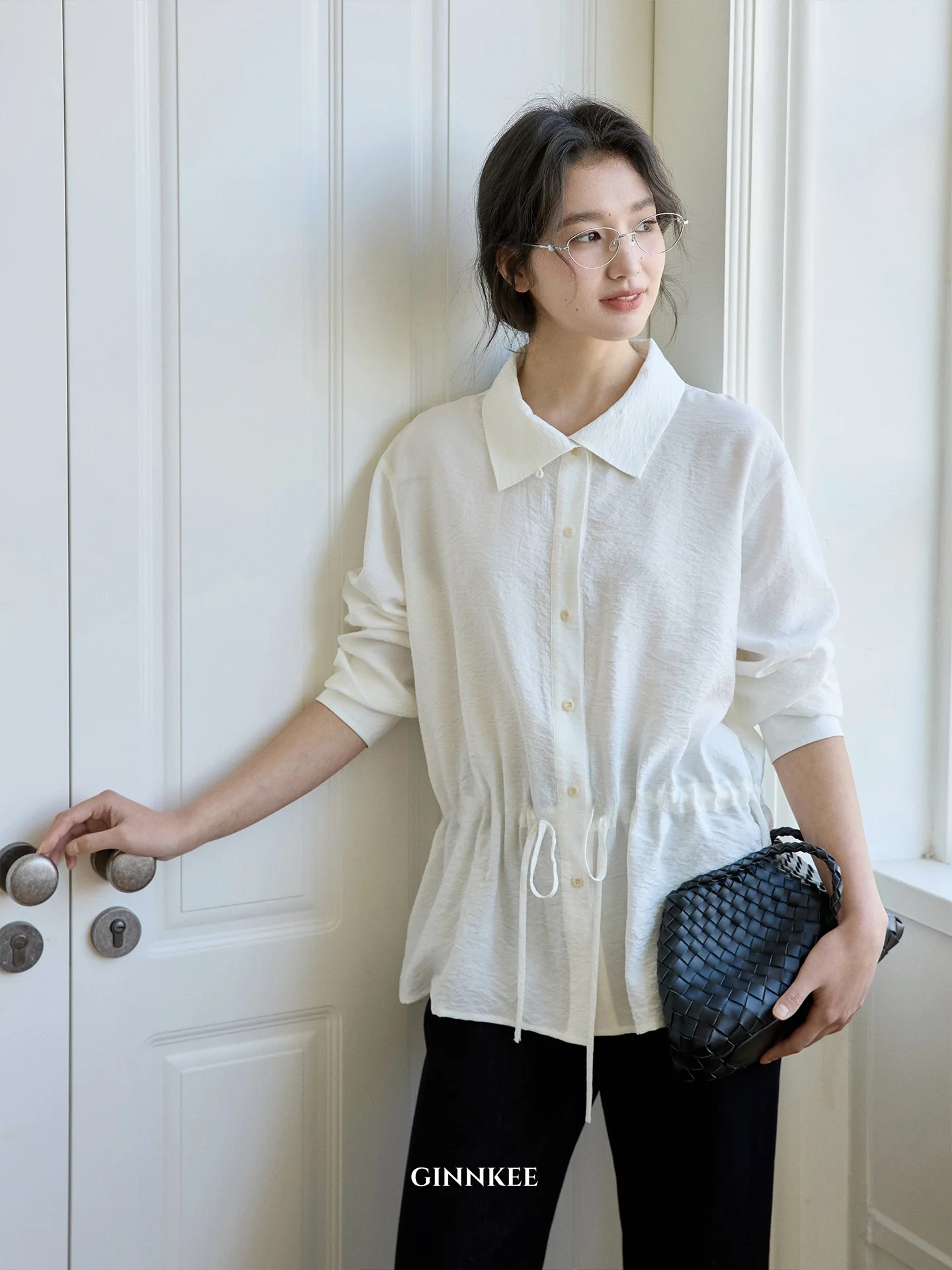 

French Sle Long Sve Silk irt GINNKEE Collar Dstring Design Women's Premium Faion Spring 2026 Viscose Nylon Silk B...