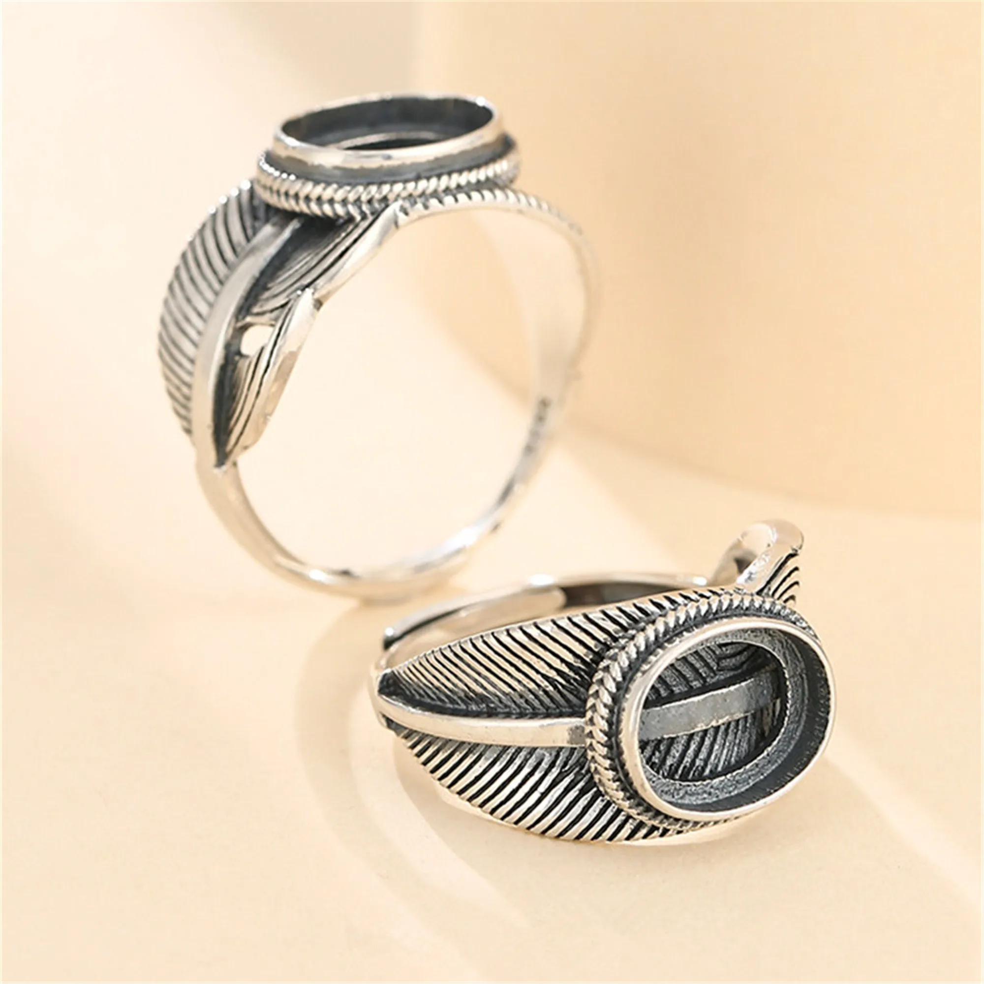 Ring Setting for 8x10mm Oval Cabochons Antique Style Feather Shape Thai Sterling Silver Adjustable Ring Base SR0507