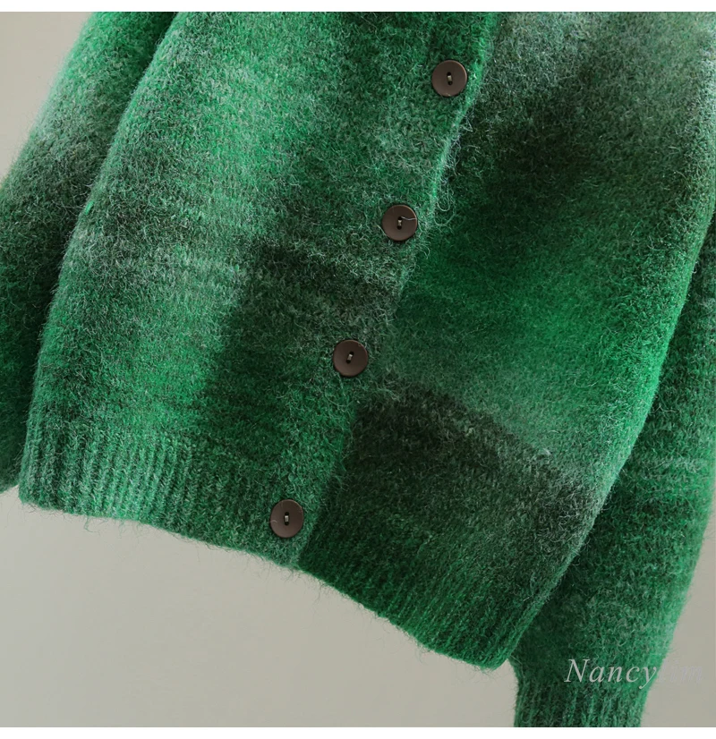 Mudança gradual cor de malha cardigan feminino primavera inverno versão coreana curto verde camisola manga longa malhas maré