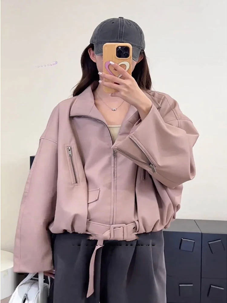 Doce e legal design gola de pé motocicleta jaqueta de couro feminino outono novo solto curto versátil lapela casaco