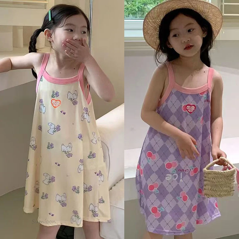 Kids Girl Sleeping Dress Girls Nightgown Flower Princess Pajamas Summer Child Sleeveless Sleepwear Dress Homewear Baby Clothing