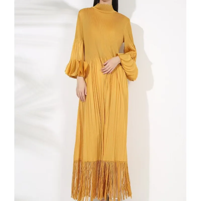 Elegant 3D Petal Flare Sleeves Vintage Turtleneck Chic Pleated Tassel Slim Long Dress Evening High Street Autumn Winter Clothing