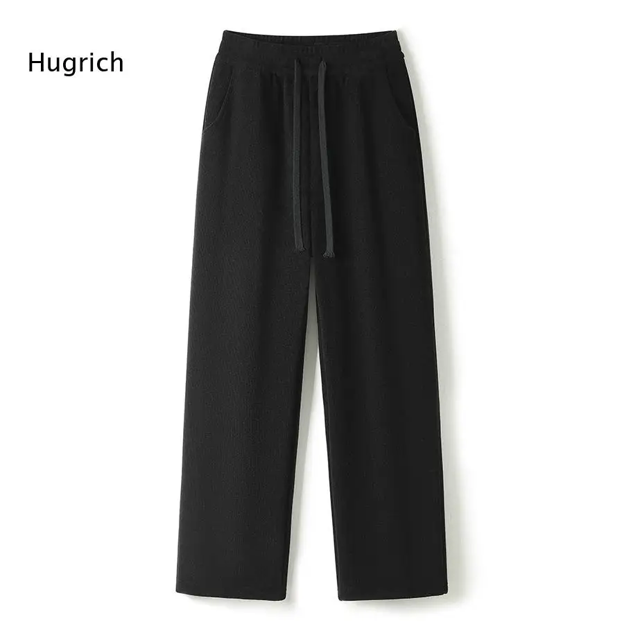 Fall Winter Casual Long Pants Women Elastic Drawstring Waistband Solid Color Wide Leg Design Side Pockets Loose Trousers