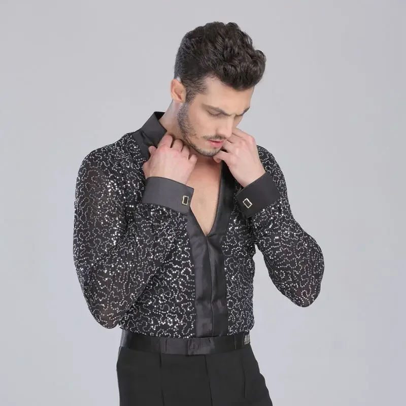 MEN Dance Waltz Ballroom Dance Long Shirt Garment Performance latin man shirts Garment Top Men Latin Dance Lace black Garment