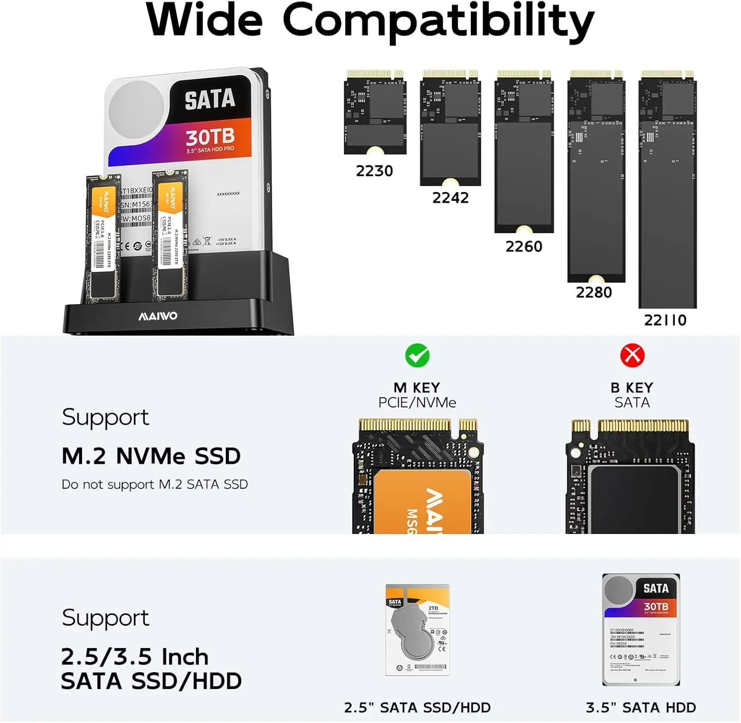 MAIWO 3 Bay M.2 NVME SSD Docking Station & 2.5 3.5 Inch SATA HDD Enclosure Offline Clone 10Gbps Support 30TB/8TB Adapter for PC view 5