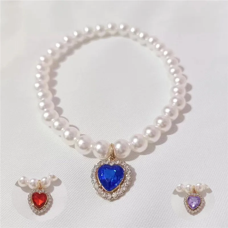 Collar de perlas para perro, collares de lujo con diamantes de imitación, joyería de corazón para gato y boda, ropa para perros y gatos, accesorios para mascotas