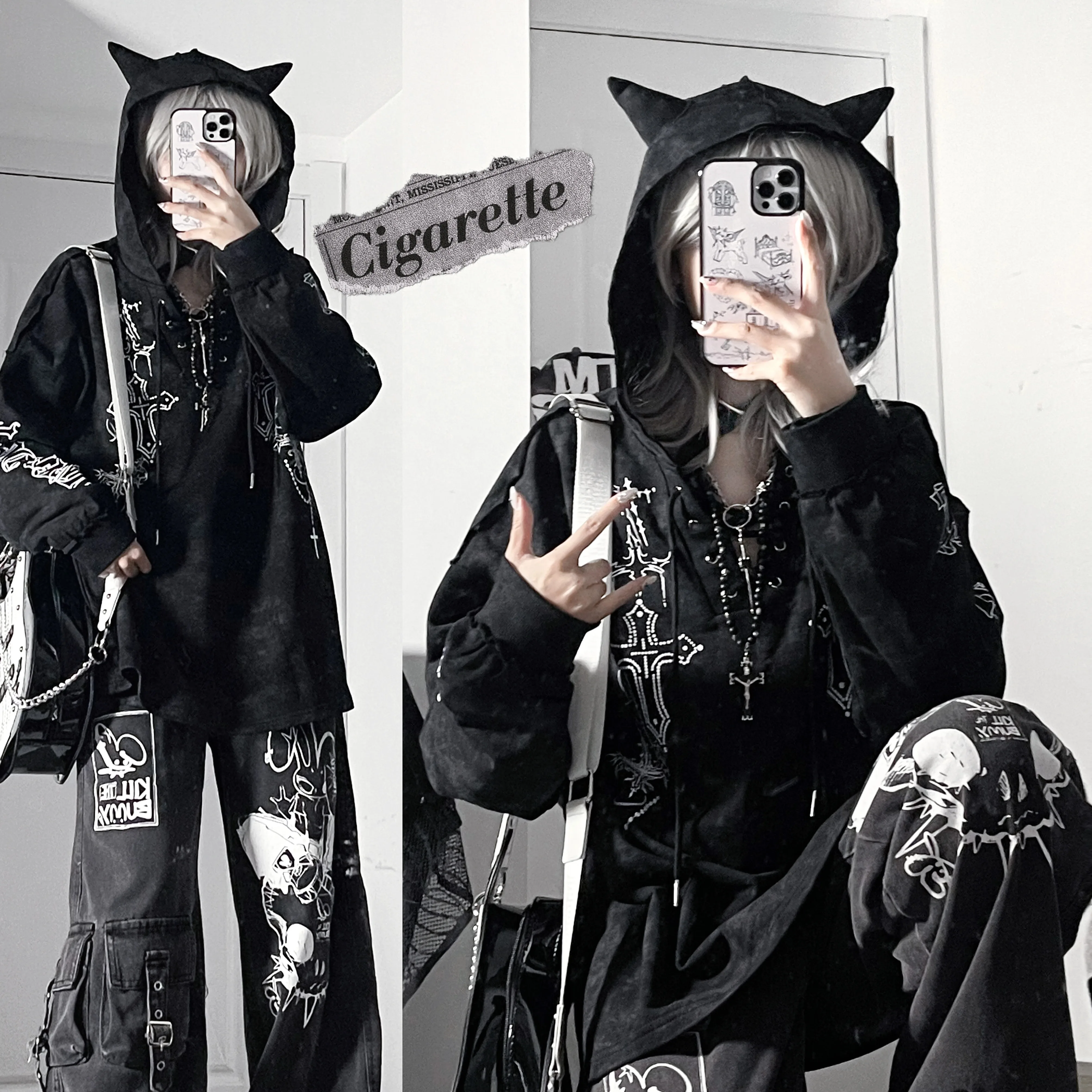 Japanese Style Original Print Subculture Hoodie Dark Loose Pullover Tie-Dye Sweatshirt Streetwear Women Oversized Hoodie