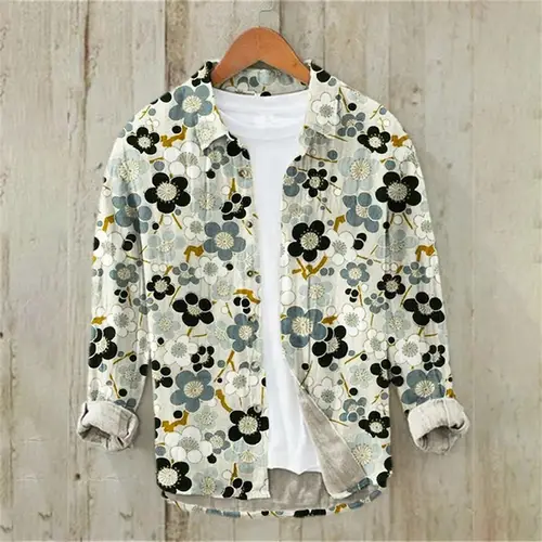 Sakura Japanese Vintage Art Linen Blended Shirt, Casual Polo Collar Cardigan, Button Shirt, Plus Size, Spring, Summer, New - Image 7