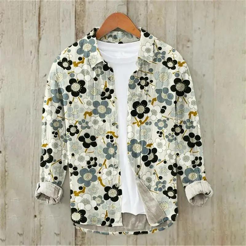 Sakura Japanese Vintage Art Linen Blended Shirt, Casual Polo Collar Cardigan, Button Shirt, Plus Size, Spring, Summer, New - Image 7