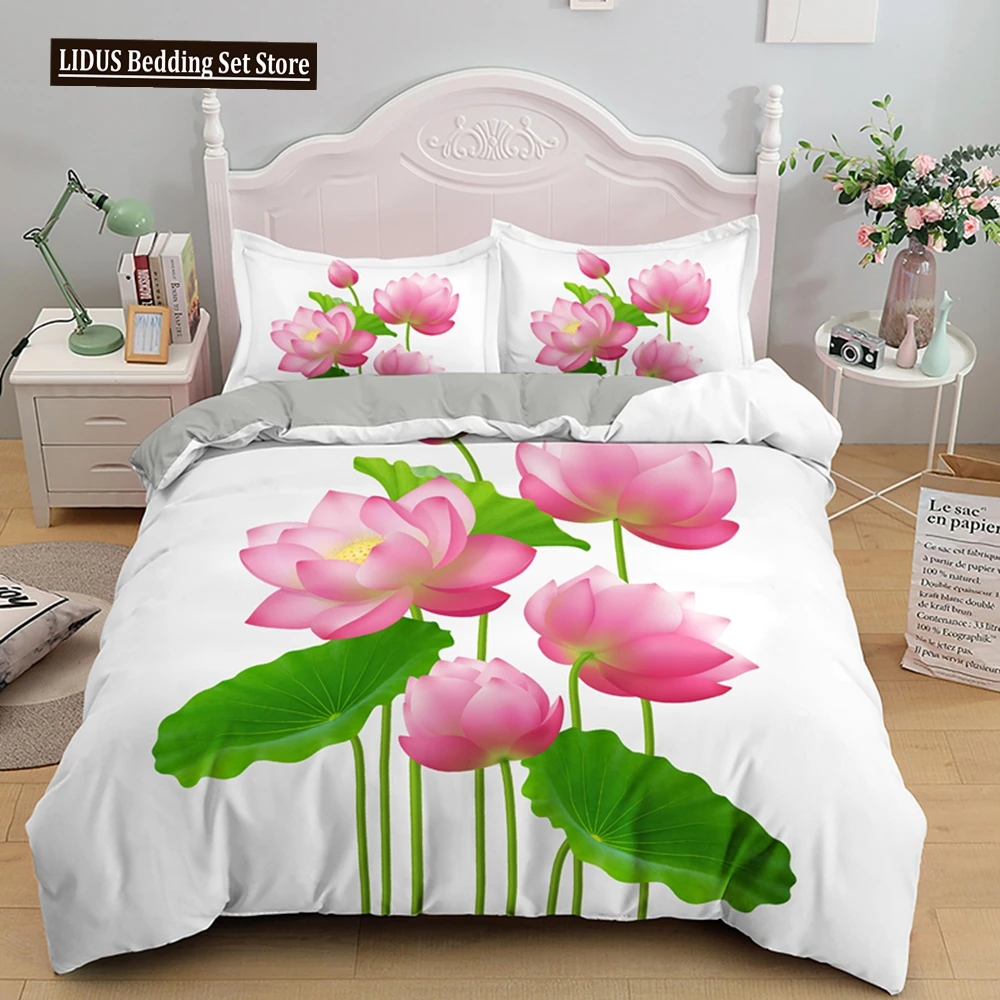 

Lotus Duvet Cover Set Pink Flowers And Green Leaves Polyester Comforter Cover King Queen Size For Kids Girls Women Bedding Set