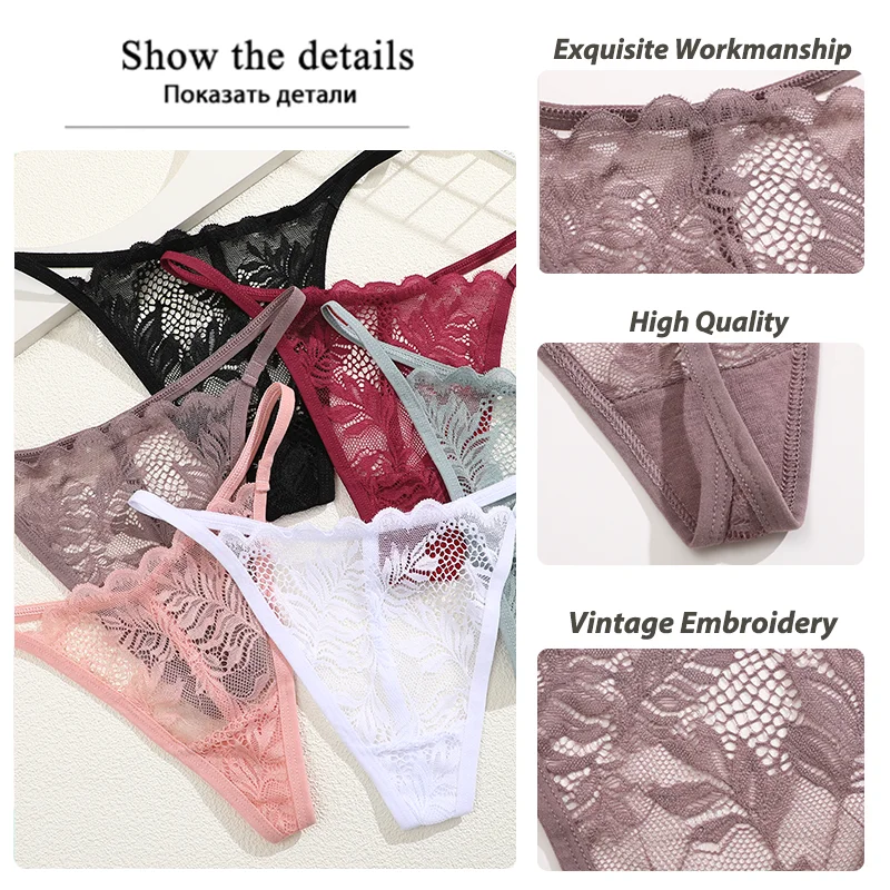 5PCS Lace Sexy Women Lingerie Exotic Underpants Female Lace Transparent Hollow Out G-string Thong Female Soft Intimates S-XL