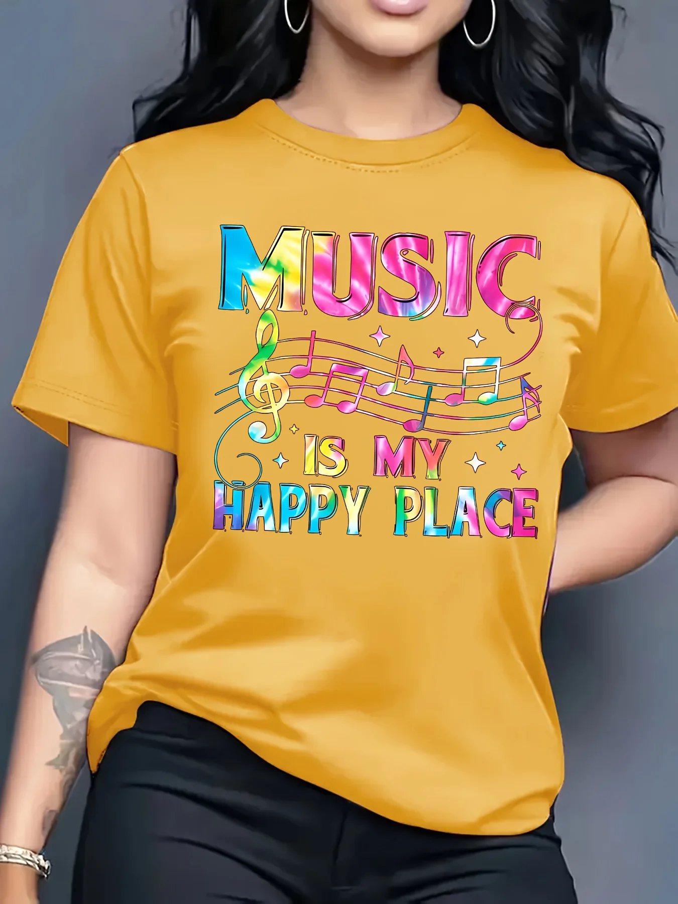 Music Is My Happy Place Women's Tee - Colorful Music Note Graphic, Casual Black Top