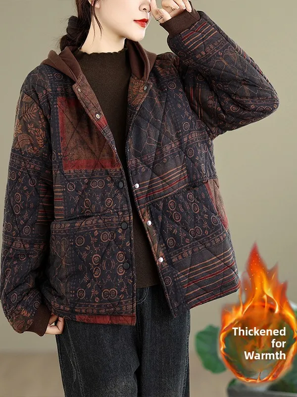 

Thiened Large Size Cotton Jaet Casual Print Hooded Retro andma Sle Women's Winter Coat Comfortable Breathable Zipper ...