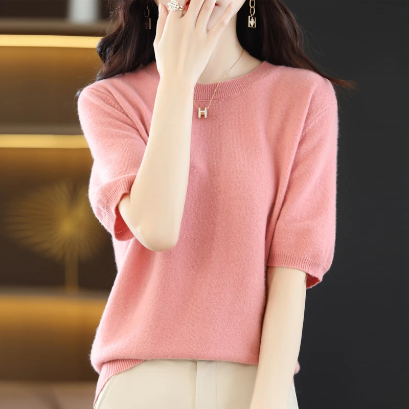 New Year Explosion 100% Wool Women's Short Sleeve Spring And Autumn Round Neck Sweater Thin Loose Bottom Sweater JJ209